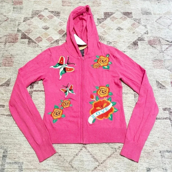 NWT Y2K deadstock Pink butterfly & rose zip up sweater size medium - Picture 8 of 10